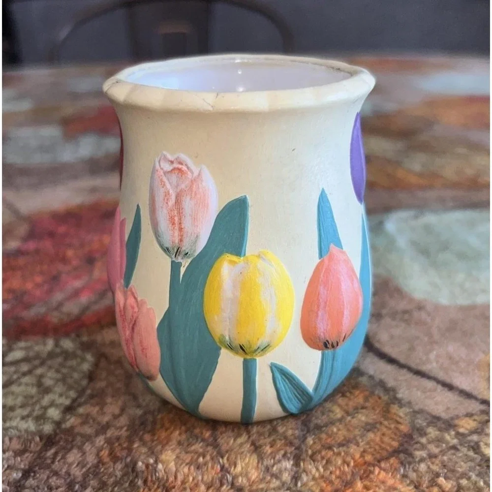 Vintage 1987 Hand-Painted Ceramic Tulip Vase Planter‎ Cottagecore Decor
